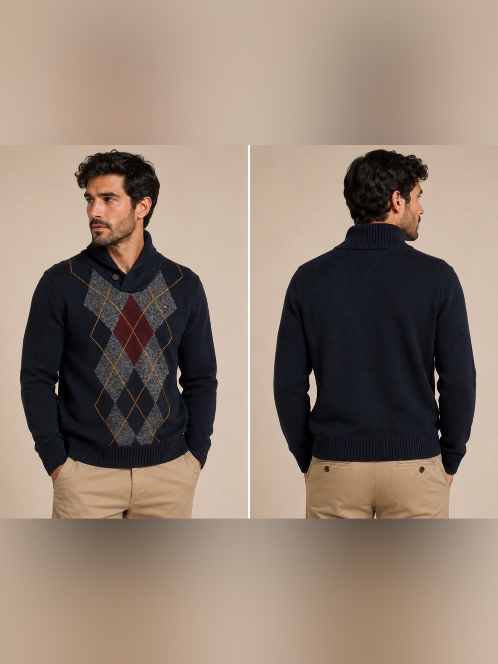 Tommy Hilfiger Navy Argyle Turtleneck Shawl Sweater with Burgundy Accents